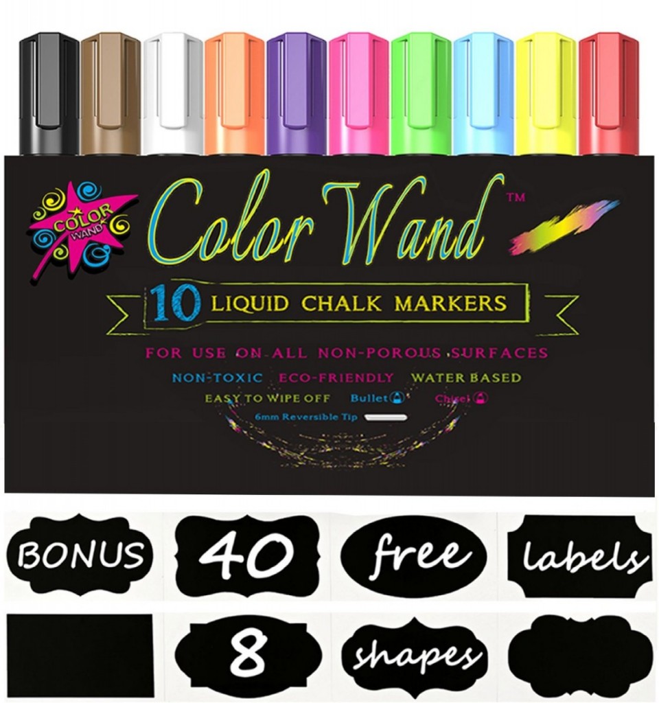 Liquid Chalk Markers - Color Wand 10 Paint Pens + Free 40 Chalkboard